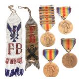 WWI USN NAMED VICTORY MEDALS & BEADED FOBS