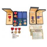 WWII US ARMED FORCES NAMED MEDALS & BANK NOTES