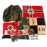 RE-ENACTOR WWII GERMAN SS JACKET, FLAGS, & CAPS