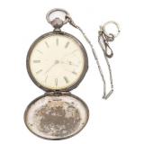 SILVER CASE POCKET WATCH WITH FOB ENGRAVED