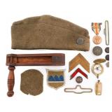 WWI US ARMY CAP MEDALS, PATCHES & GAS ALARM RATTLE