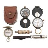 WWI US & BRITISH ARMY TRENCH WHISTLES & COMPASSES