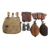 WWI GERMAN CANTEENS, K98 AMMO POUCH & BINOCULARS