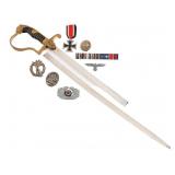 WWII GERMAN CUT LIONHEAD SWORD, MEDALS & BADGES