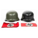 WWII GERMAN REENACTOR COMBAT HELMETS & ARMBANDS