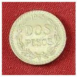 1945 Mexico Gold Dos Pesos Coin Unc.