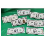 7 Bicentennial Two Dollar Bills 1976-2003