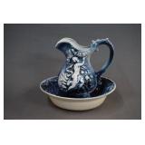 Blue on White Cherub Garden Pitcher and Washbowl