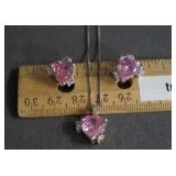 Sterling Pink Stone Hearts Necklace & Earring Set