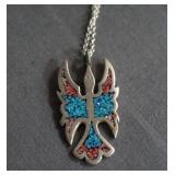 Sterling Coral & Turquoise Thunderbird Necklace