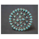 Round Silver Petit Point Cluster Turquoise Brooch