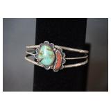Native American Silver Turquoise and Coral Cuff