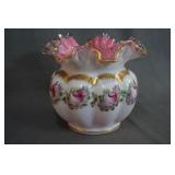 Fenton Hand Painted Peach Crest Crimped Bowl