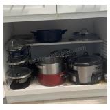 Shelf Lot, pots, lids, Crockpot & More