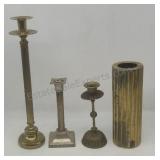 Brass and silver plated candle sticks and vase.