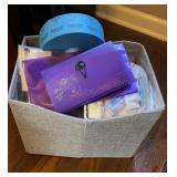 Tote of Office Supplies & Roll of Tickets