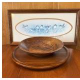 Wooden lazy Susan, Wood Bowl & Wooden framed Bird