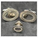 Vintage Oval Silver Tone Cuff Links & Tie Pin