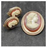 Cameo Screw Back Earrings & Brooch