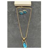 Monet Gold Tone Blue Glass Necklace & Earring Set