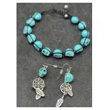 Carved Turquoise Skull Bracelet & Earrings