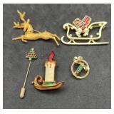 5 Christmas Brooches 2 Signed Nicola & SFJ