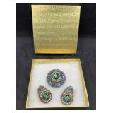 Blue Rhinestone Brooch & Clip Earrings Marked