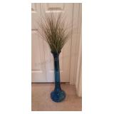 Large Tall Blue Glass Floor Vase w Artificial