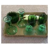 Green Glass Candle Holders & Bowl