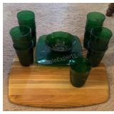 Green Glass Cups Plate & Bowl W/ Snack Board