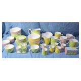 Assorted pink, green and yellow polkadot dishes.