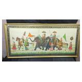 Hand painted framed cloth artwork depicting a