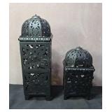 Metal candle lanterns.  16ins and 10ins. Missing