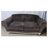 Jacques Leleu love seat. Brown velour. 76ins..