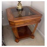Inlaid Wood Glass Top Side Table 24x28x23 inches