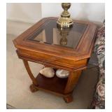 Inlaid Wood Glass Top Side Table