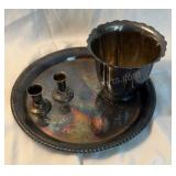 Silver plated tray, candle holders, & Reed &