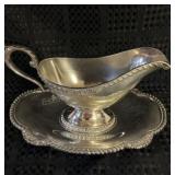 SILVER TONED METAL GRAVY BOAT WITH TRAY