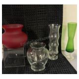 Green Glass Bud Vase 8" Optic Pattern Clear Base