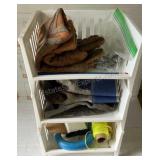 3 shelf rack with contents. Gloves and twine. 9"