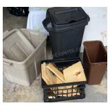 Storage lot. 2 Garbage cans. Milk crate with