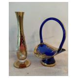Vintage Bohemia Glass Basket Cobalt Blue Gold