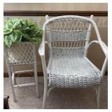 Wicker  Chair and Plant Stand White Wicker , Note