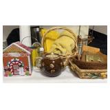 Ceramic Tea Pot, Basket of Switch Plates, Basket