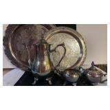 SILVER PLATE ROUND TRAYS, CREAM AND SUGAR, TEA