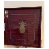 Mid Century Cherry Wood Tray With Brass Pineapple