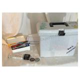 Plastic file box with office supplies