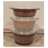 Vintage Pyrex Woodland Brown Bowl Set w/Glass Lids