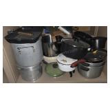 Shelf lot. Kitchen pots and pans. Buyer takes