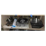 Shelf lot of kitchen items. Buyer takes what they